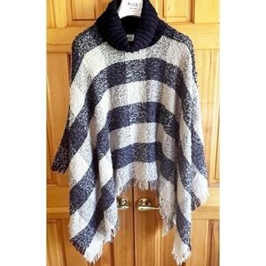 Ariana by Howards Blue Plaid Blanket Cowl Neck Shawl Fringed Poncho Festival OS